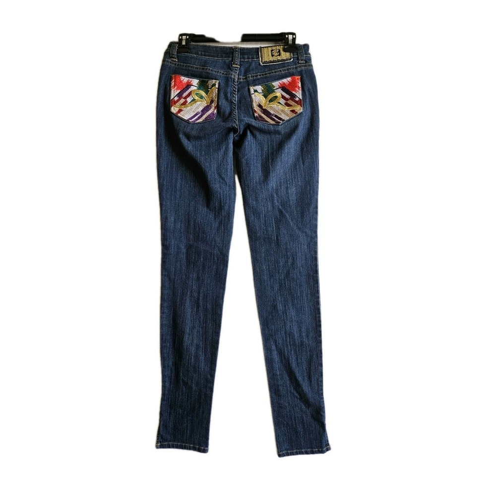 Rocawear Jeans Womens 5 Blue Skinny Low Rise Embroidered Pocket Dark Wash Denim